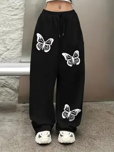 Women's  Baggy Sweatpants with White Butterfly Print - High Waisted Wide Leg Joggers for Women, Soft Comfy Loose Lounge Pants with Drawstring, Cute Grunge Streetwear Trousers for Casual Outfits, Athleisure Pants