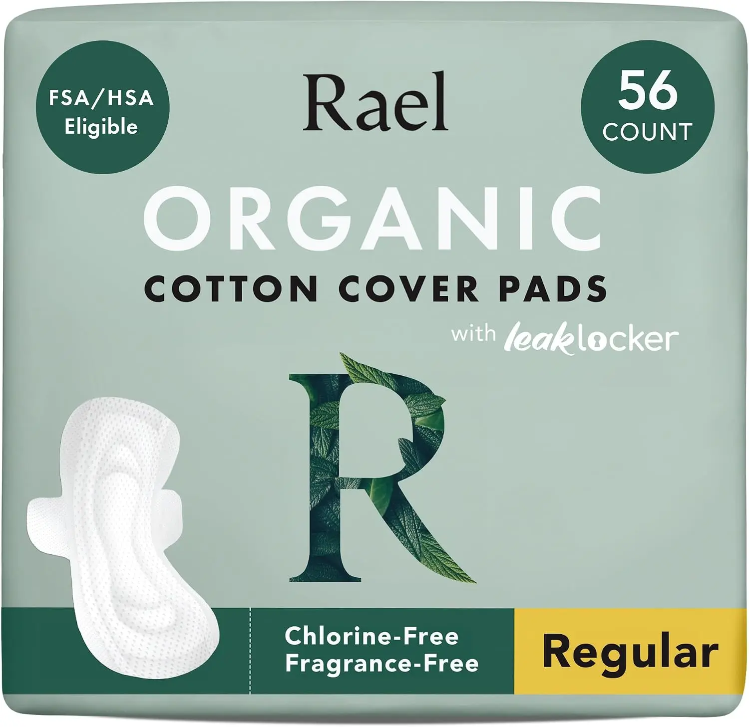Rael Organic Cotton Disposable Period Pads with Wings, Regular Absorbency, Leak Proof & Fragrance Free for Sensitive Skin, Chlorine-Free, 56 Count, Gentle