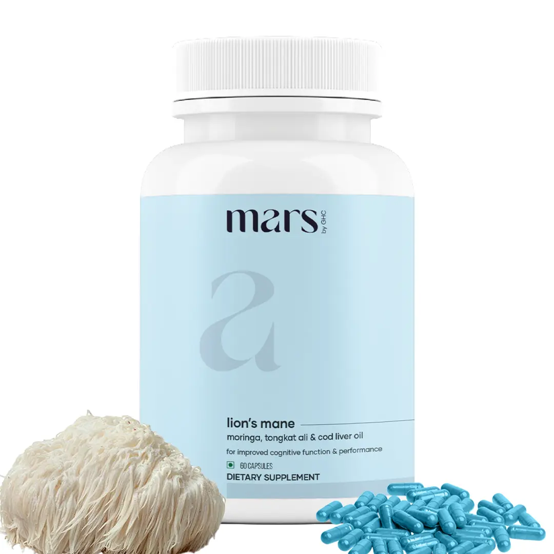 Mars Pure Lion's Mane Tongkat Ali Capsules 1000MG : Supports Focus, Memory & Cognitive Health | 4-in-1 Daily Wellness Supplement Powered by Moringa, Omega3 & Vitamins