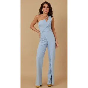 ONE SHOULDER WASHED DENIM STRETCH FASHION JUMPSUIT - COLLAR DETAIL, SLEEVELESS, ZIPPER IN THE BACK