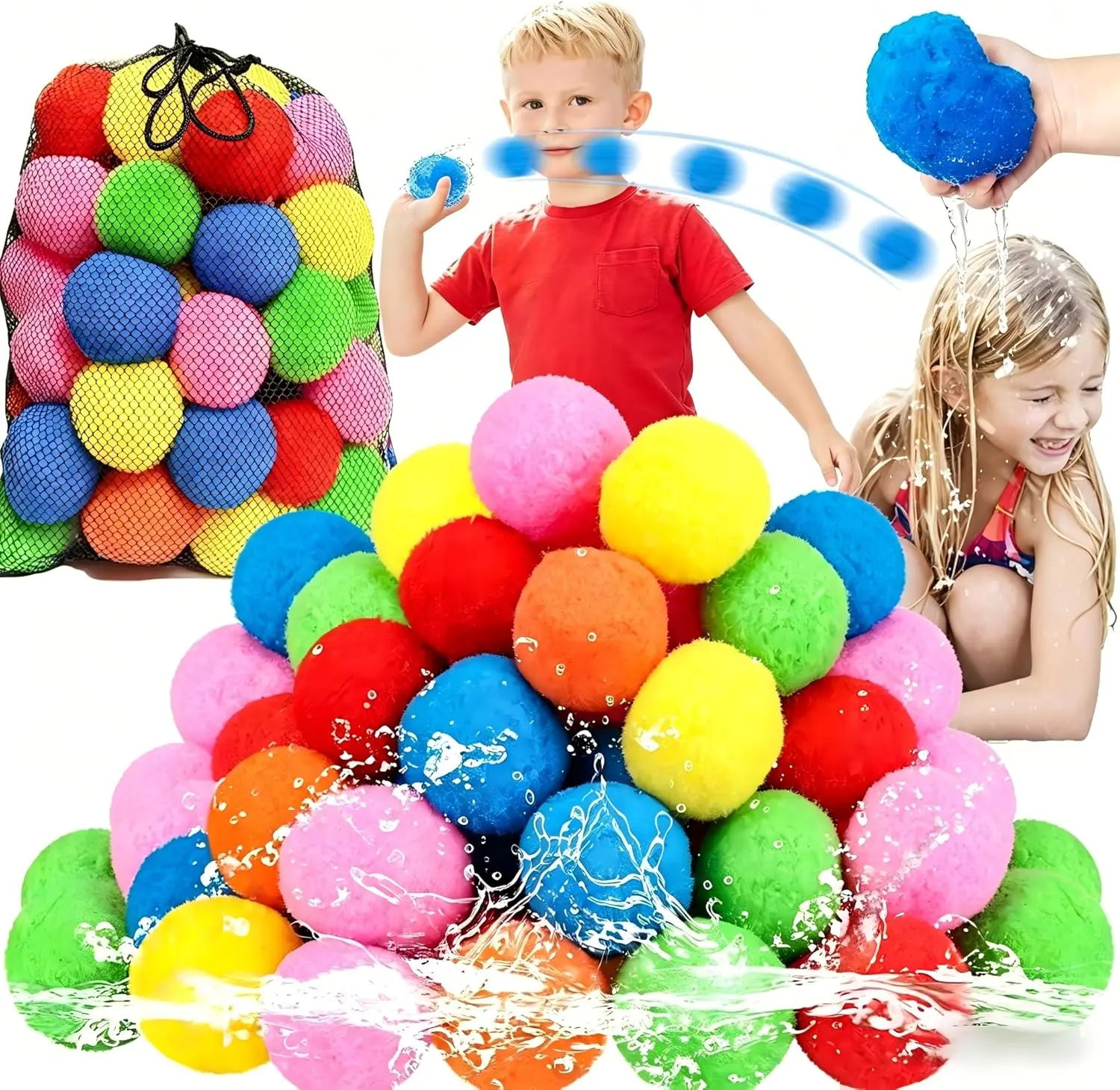 60Pcs Reusable Water Balloons, Cotton Water Balls, Water Balloons for Kids, Summer Toys and Out, Water Splash Balls, Water Balloon Game