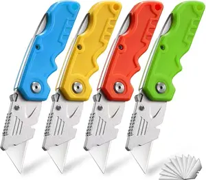 4-Pack Tough Folding Box Cutter for Heavy Duty Purpose Razor Sharp Blade Comfortable Handle with Extra 10-Piece Blades Can Cut Drywall Sheet Plastic Linoleum Boxes Rope