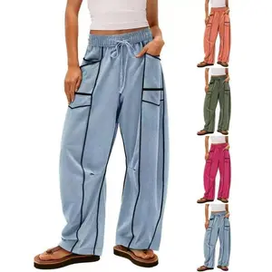 Womens Baggy Barrel Pants Wide Leg Lounge Drawstring Sweatpants with Pockets