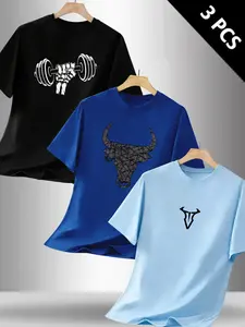 Hot Selling Cow Head Print Round Neck Short Sleeve T-Shirt, Casual Fitted Long Bull Graphic Tee, Daily Wear, 3 Pack