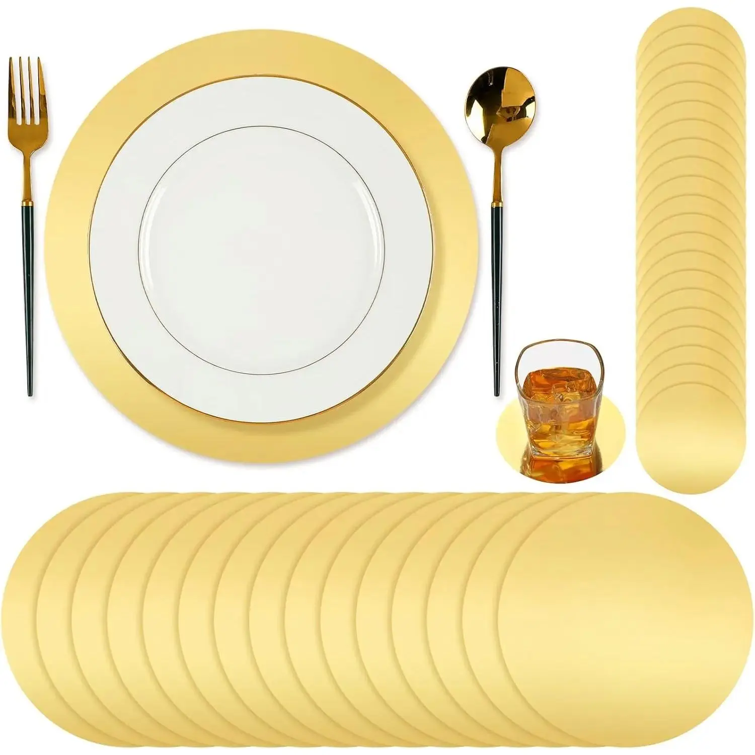 100-Pcs Shiny Sturdy Round Gold Foil Disposable Tableware Set - 4.33in Paper Placemats, Paper Coasters, Lightweight & Smooth Table Protection for Wedding, Birthday, Dinner Room Housewarming Decor