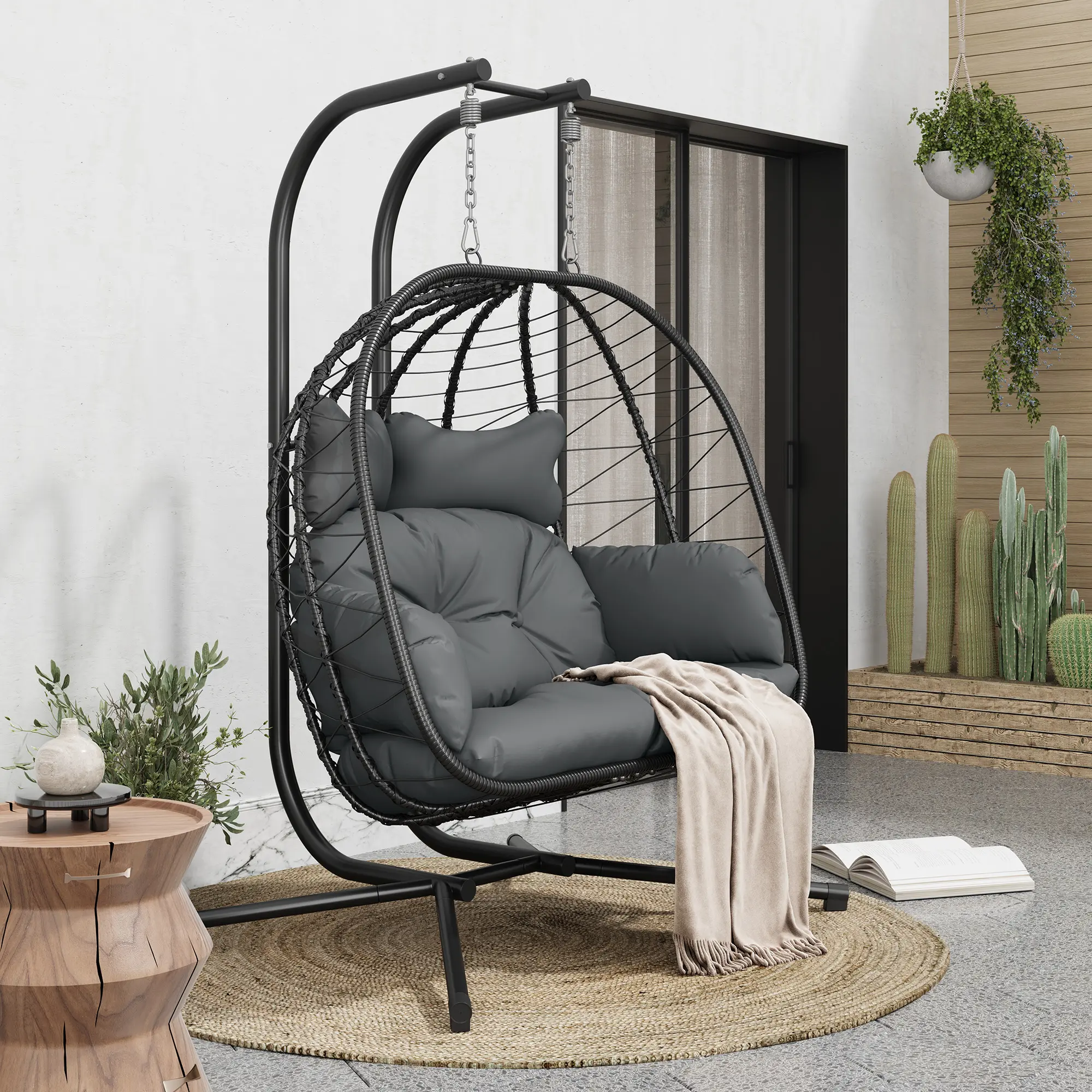 Double Egg Chair with Stand for Patio, Outdoor Indoor Hanging Swing Chair with Cushions, Wicker Rattan, 700lbs Capacity, Waterproof Sunproof for Balcony Garden Porch,,Summervibes