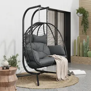 [dealsforyoudays] Double Egg Chair with Stand for Patio, Outdoor Indoor Hanging Swing Chair with Cushions, Wicker Rattan, 700lbs Capacity, Waterproof Sunproof for Balcony Garden Porch, ChristmasGift