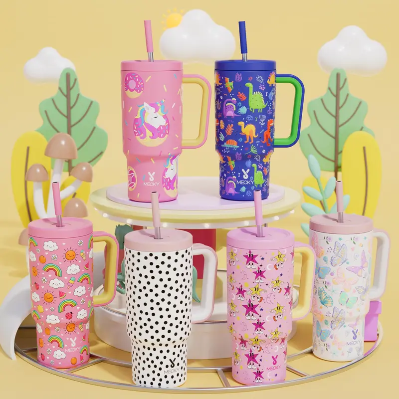 [meoky] 24oz Leak-proof Straw Handle Cup with Lid & Handle, 1 Count Portable Non-slip Stainless Steel Thermos Cup with Straw, Drinkware, Wide Mouth & Narrow Bottom Tumbler Cup, Leak Resistant Tumbler for Easy Cleaning & Car Loading