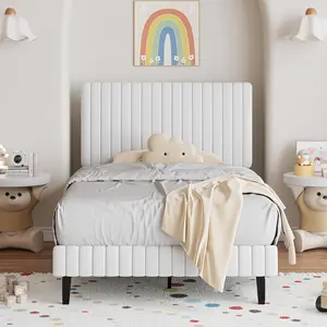 [DealsForYouDays][Summerwins] HOMBCK Twin Full Queen King Size Bed Frame, Velvet Upholstered Platform Bed With Vertical Channel Tufted Headboard And Footboard, No Box Spring Required, Easy Assembly, White summer garden,fathers day gift ideas