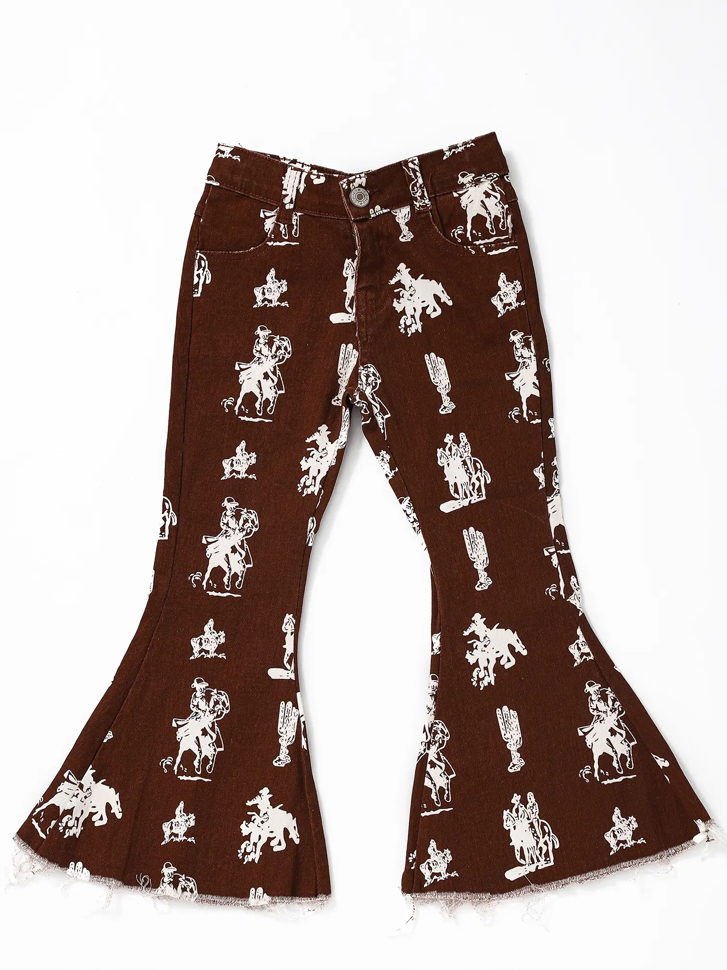 Girls' Western Brown Cowboy Print Bell-Bottom Jeans, Child Size Jeans for 6-12m, 6-7t Kids