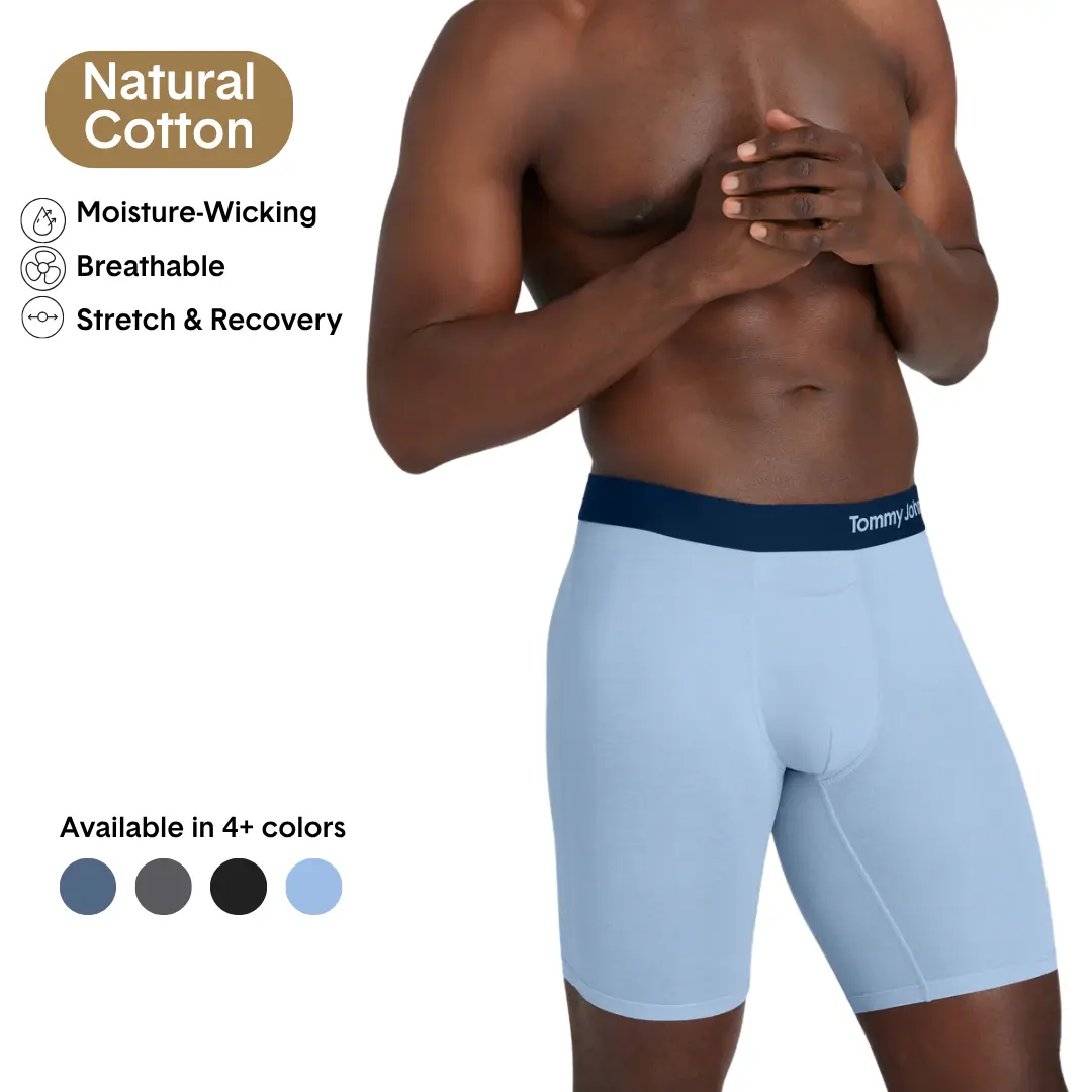 Tommy John Men’s Cotton Boxer Brief 8” | Breathable Moisture-Wicking Underwear | Long Length, Contour Pouch, No Roll Waistband, Tagless Comfort Natural Day