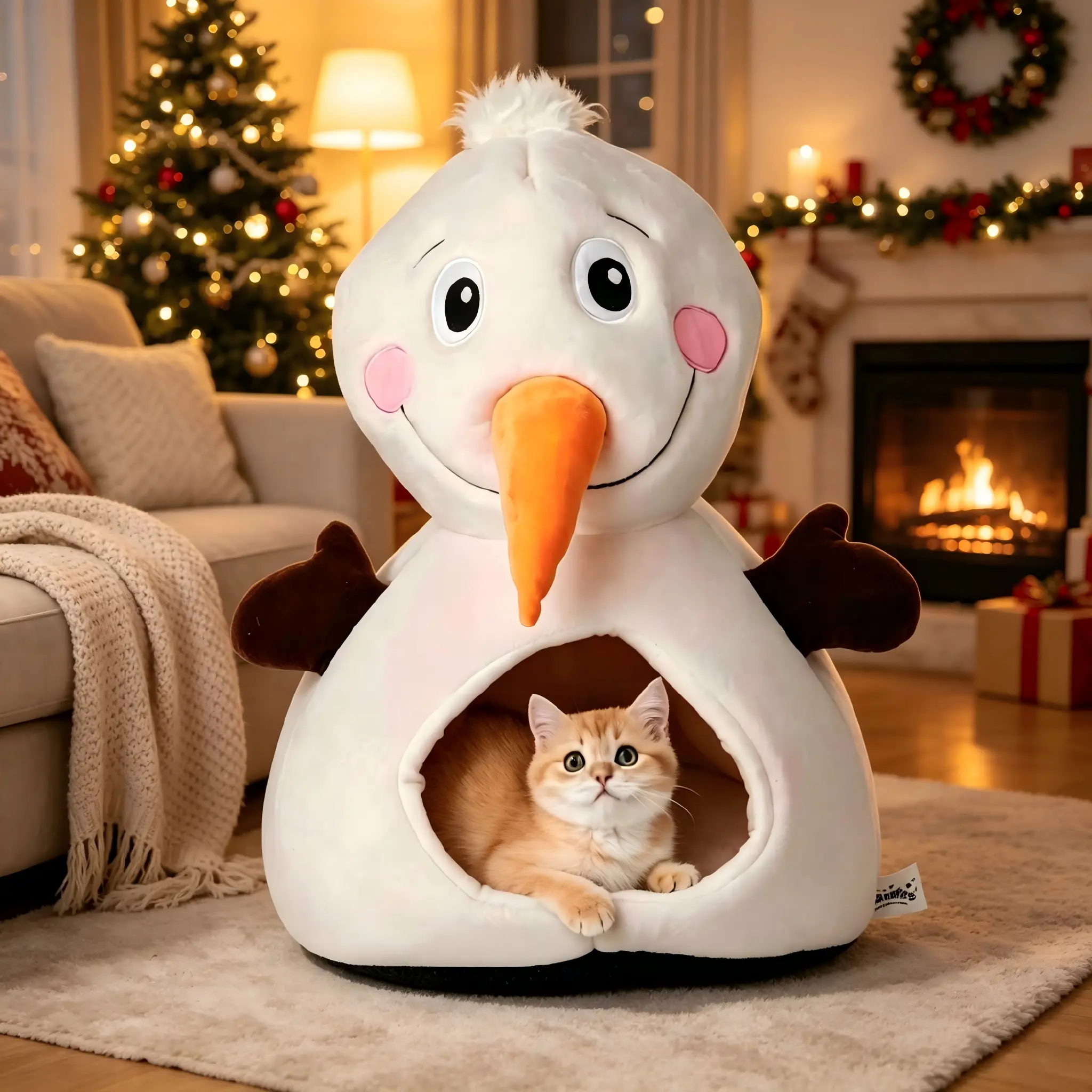 Christmas Snowman Cat Bed Cave, Soft Warm Plush Covered Cat House with Anti-Slip Bottom & Cotton Filling, Machine Washable Covered Winter Pet Tent for Indoor Cats up to 17 lbs
