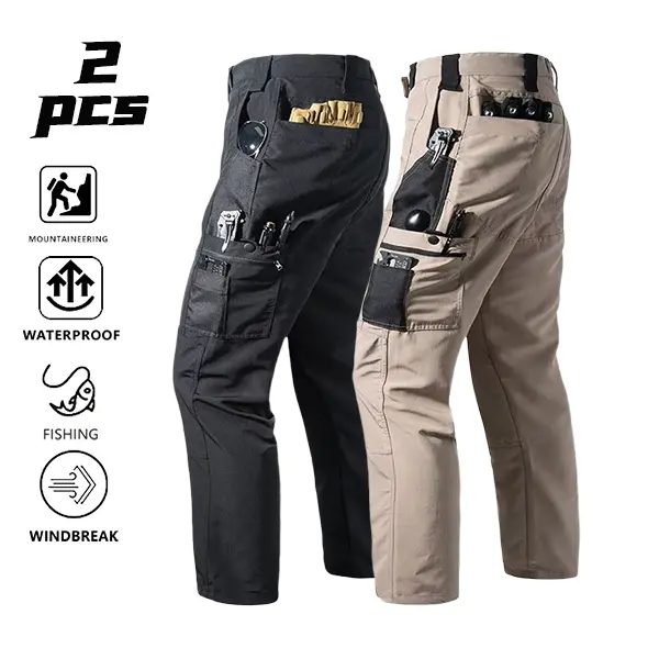 Men’s two-pack tactical cargo casual pants featuring multi-layer tool storage pockets, soft windproof straight-leg long pants, suitable for fishing, hiking, and everyday commuting outfits.