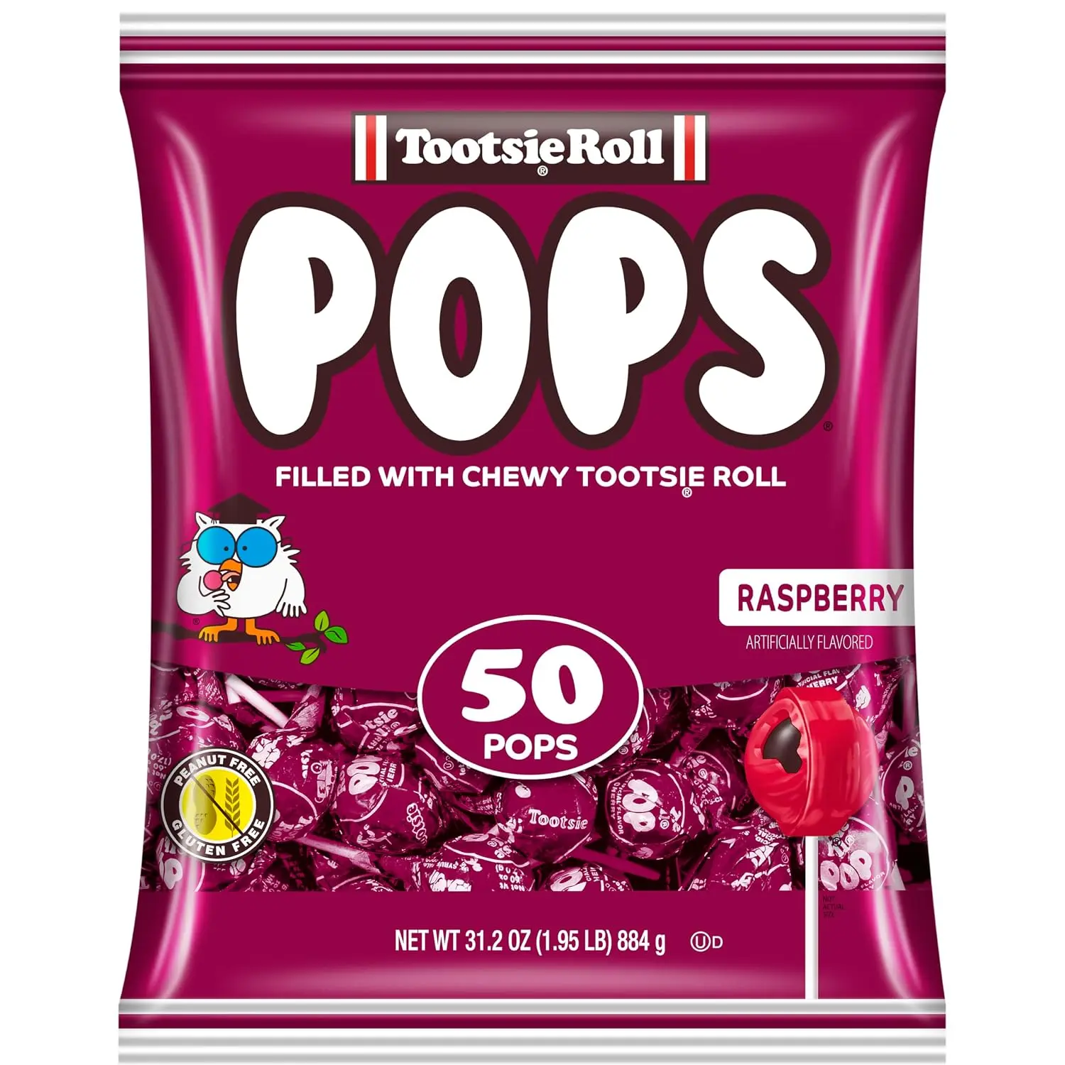 Pops Single Flavor Bag - Raspberry Flavored Lollipops with Chocolatey Center - Individually Wrapped Hard Candy - Purple Candy - Peanut Free, Gluten Free, 50 Count (Pack of 1)