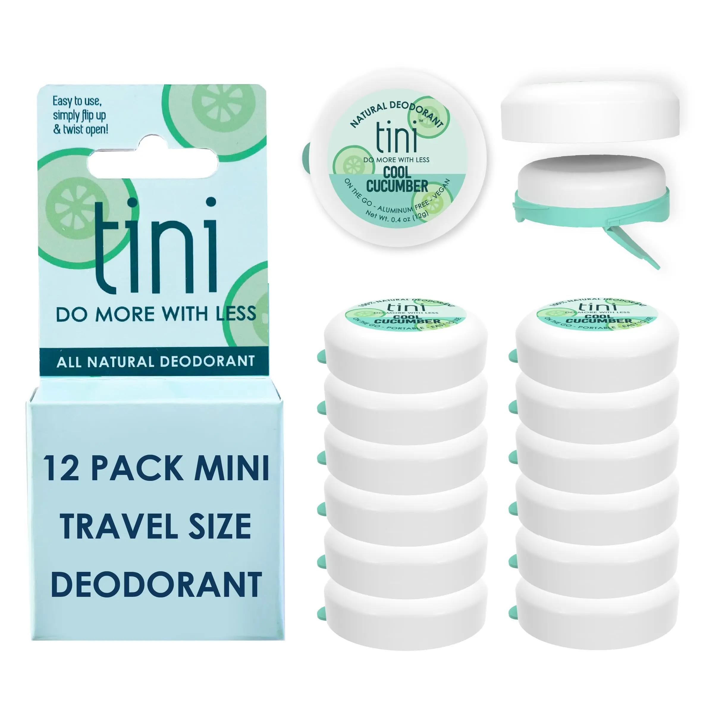 Aluminum-Free Mini Travel Deodorant with Organic Coconut Oil & Green Tea, Cool Cucumber Scent, Unisex Body Care Stick, 12 Pack (0.4 oz), Salicylic Acid, Plastic, Daily, Gentle, Female, Male, Cruelty Free, Anti-Perspiration, Baking Soda Free, Cucumber Tea