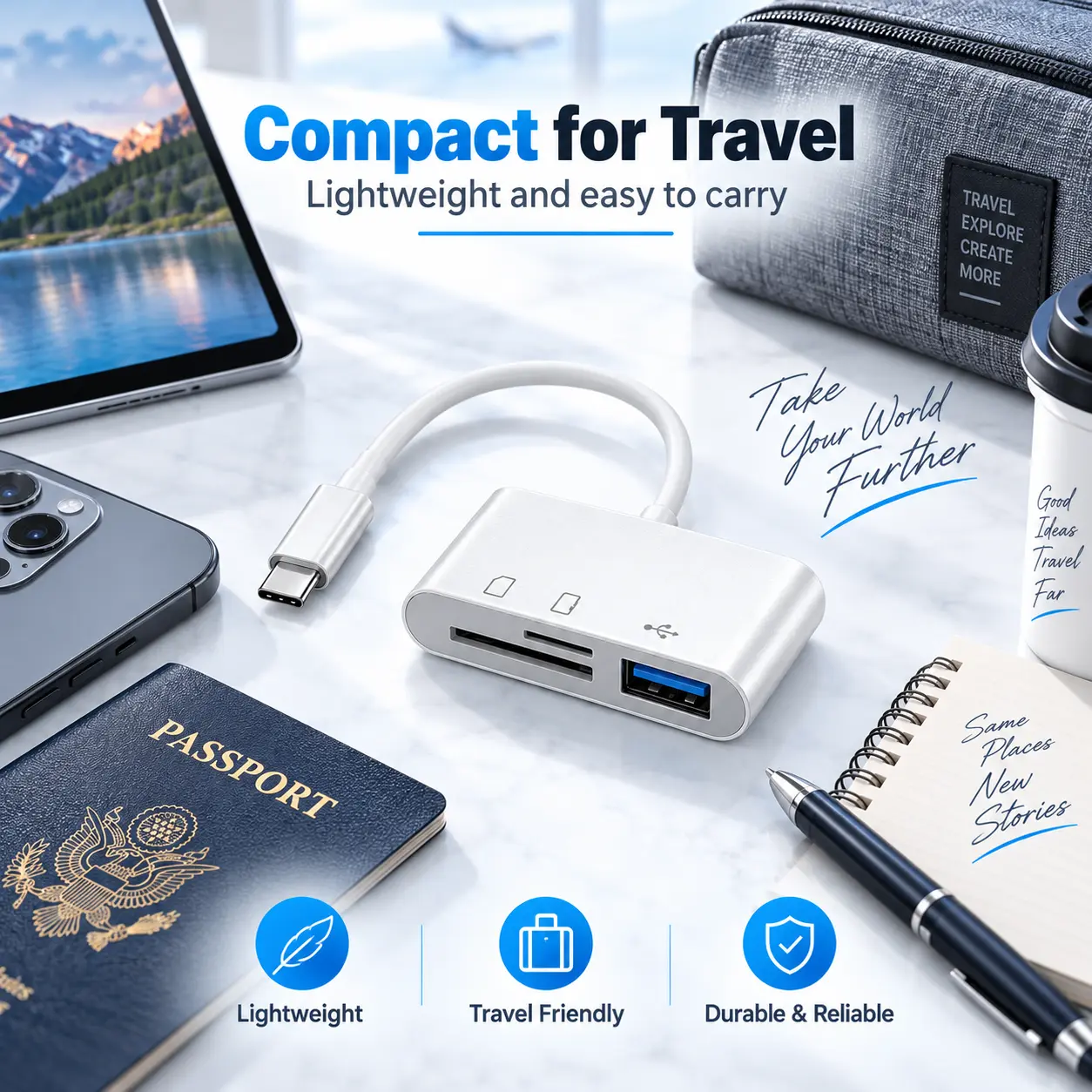3-in-1 USB-C Card Reader Adapter, equipped with SD, Micro SD TF slots and USB port. Lightweight portable hub for reading memory cards and connecting USB flash drives for file transfer.
