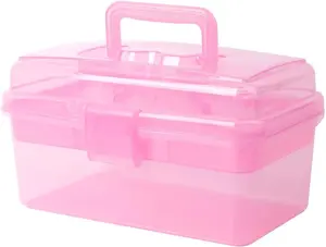 Multipurpose Plastic Storage Container Organizer Box Case with Removable Tray and Handle for Art, Craft, Sewing Supplies, Clear&Pink