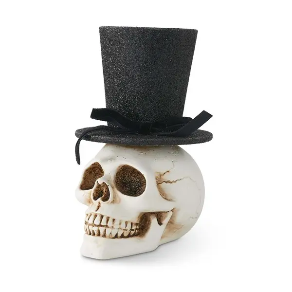 5" Resin Skull with Glittery Black Top Hat Prop
