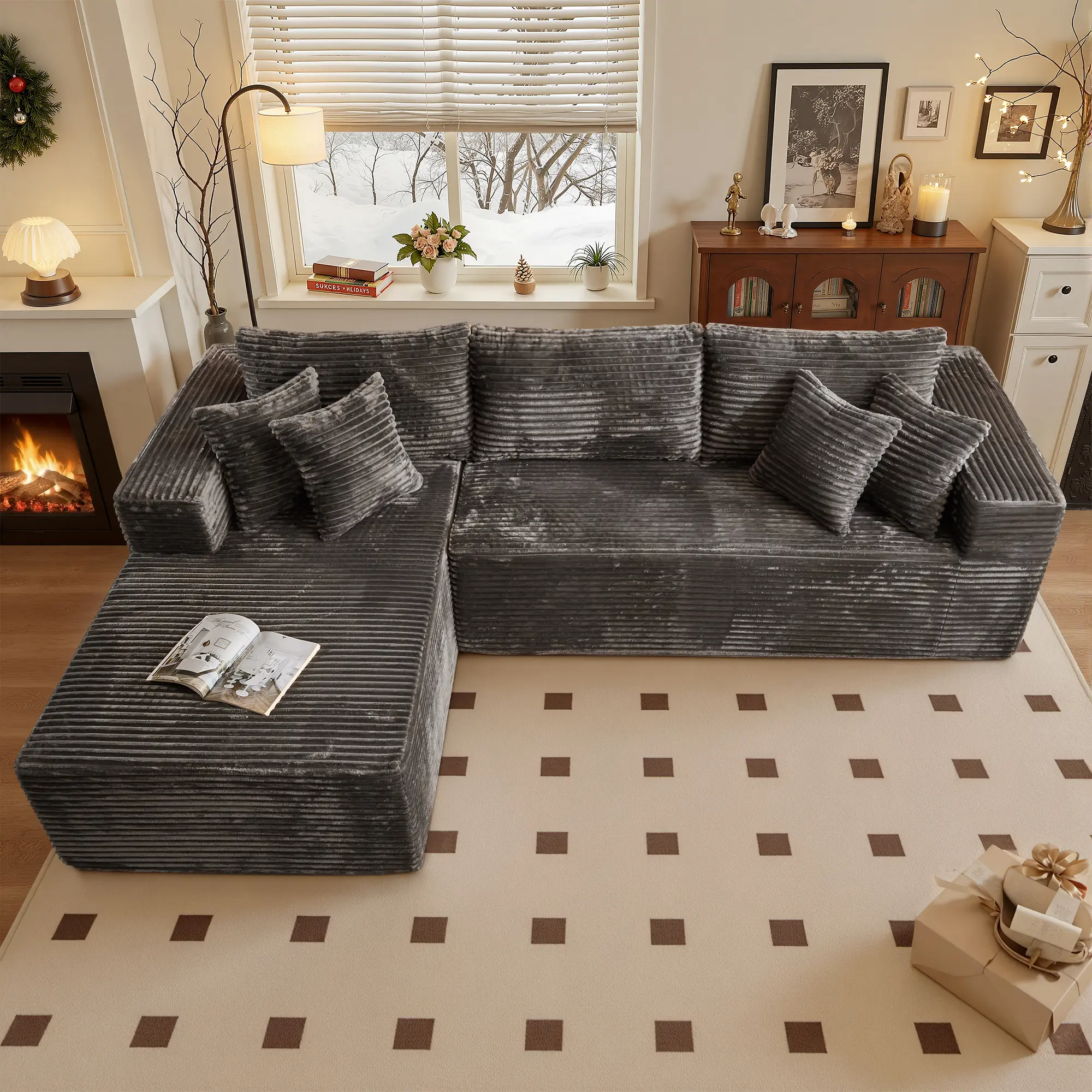 108" Gray Plush Left Chaise NO Ottoman