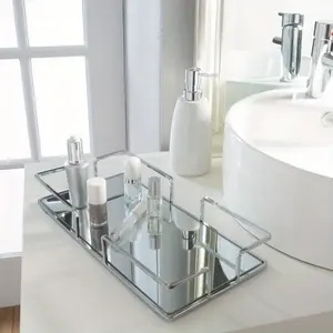 Modern Rectangular 7" x 14" Vanity Mirror Tray Makeup Organizer, Chrome Racks Steel Stainless 1Pc