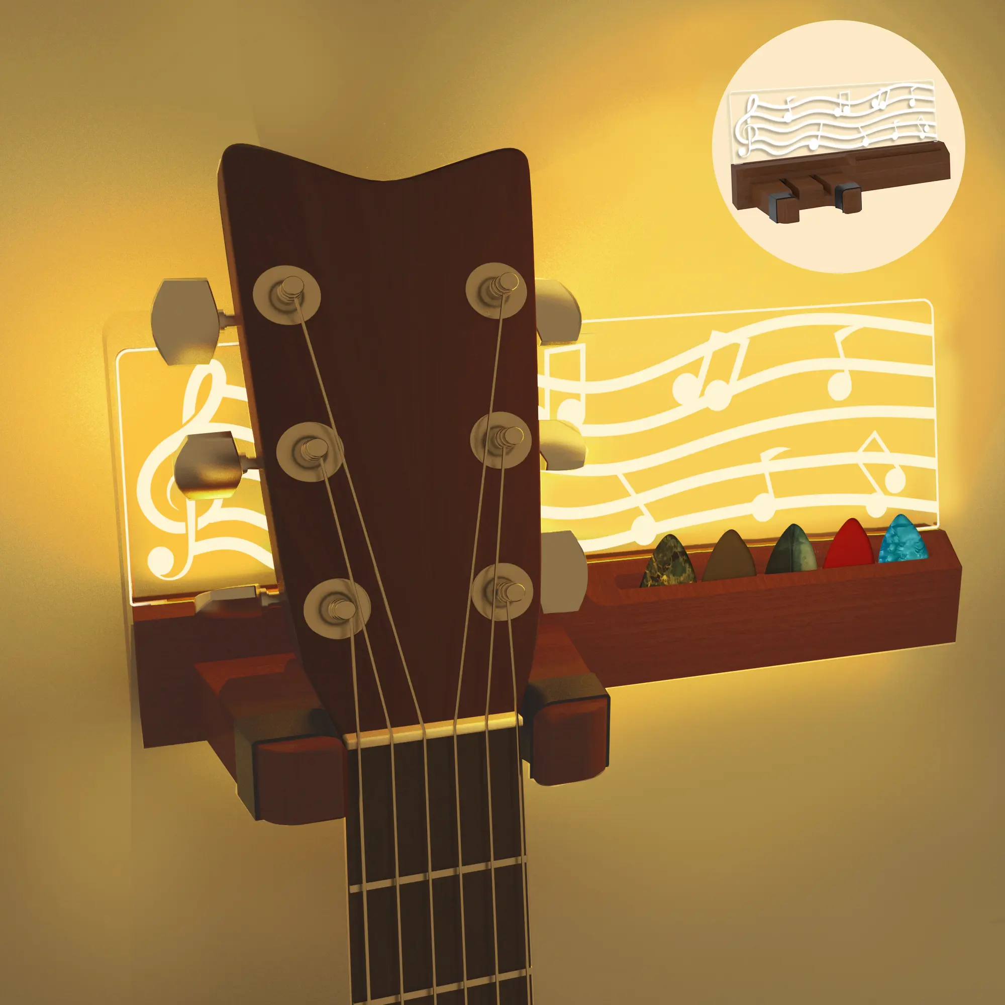 LED Guitar Wall Mount Stand, Wooden Acrylic Guitar Hanger Holder, USB Powered Guitar Display Rack for Acoustic Electric Bass Ukulele, Room Decor, Gifts for Guitar Lovers, Birthday Christmas Gift