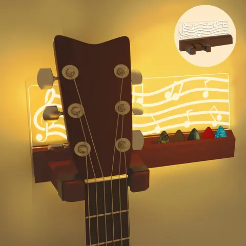 LED Guitar Wall Mount Stand, Wooden Acrylic Guitar Hanger Holder, USB Powered Guitar Display Rack for Acoustic Electric Bass Ukulele, Room Decor, Gifts for Guitar Lovers, Birthday Christmas Gift