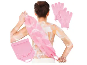 Exfoliating Shower Bath Glove and Back Scrubber Set, Hand-Use Washable Beauty & Personal Care Bathing Accessory for Body, Teenager-Friendly (Pink)