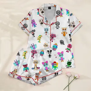 Dandy’s World Silky Pajamas Set, Roblox Dandy World Fan Gift, Gaming Satin Sleepwear for Kids & Adults, Cute Cartoon Gamer Nightwear