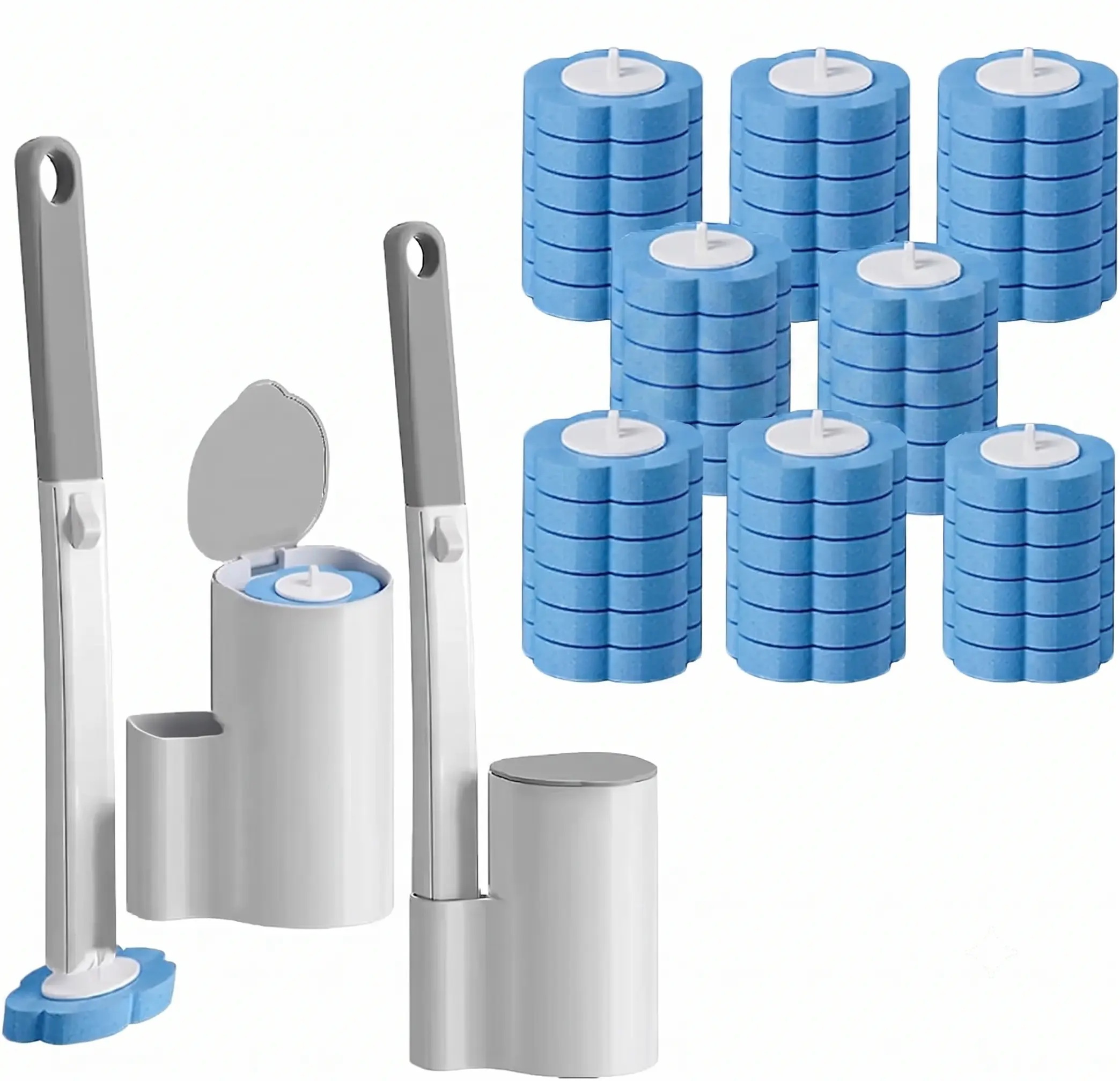 hygienic Bathroom maintenance Disposable Toilet Brush & Wall Mount Holder Kit (2-Pack), 15.7" Long Extended Handle, 48 Ocean Fresh Mixed Scent Cleaner Refills for Daily Use Toilet Bowl, Bathtub Cleaning system, compact head