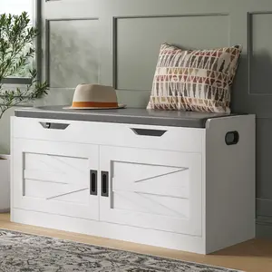 IRONCK Furniture Shoe Bench with Lift-Top Storage, 42.4" Entryway Bench with Wider Cushioned Seat, Adjustable Shelf & 2 Doors for Hallway, Bedroom (White)