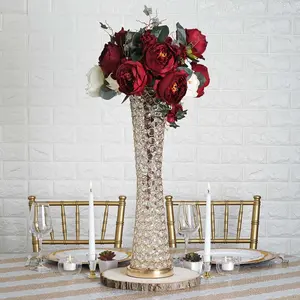 Metal Hurricane Floral Vase Centerpiece Metallic Gold with Crystal Beaded Design - Table Decorative Stand 24"