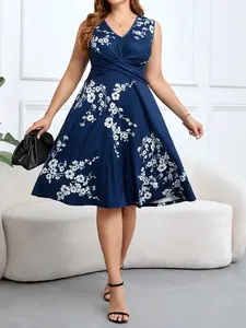 Plus Size Sleeveless Dress with Floral Print Design, Casual Summer Wear, Womenswear, Comfortable Fit, Perfect for Daily, Casual Loose Sundress