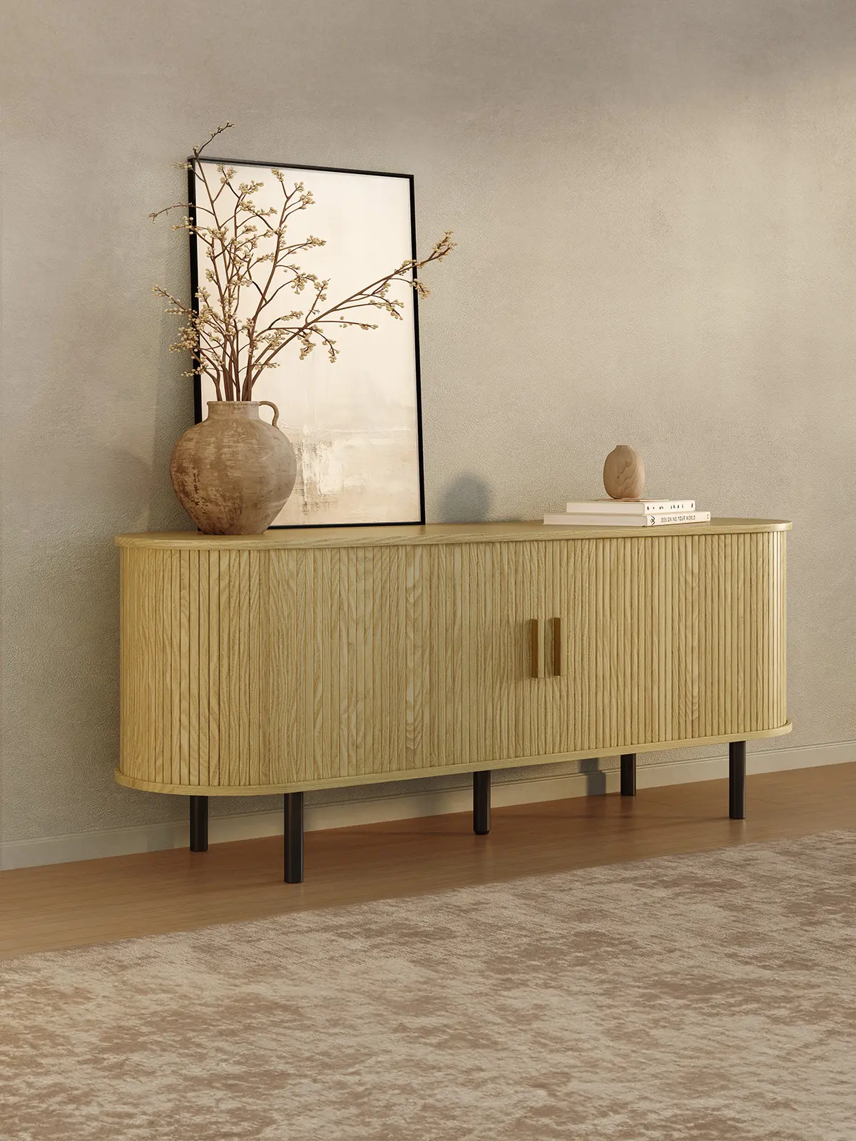 【SummerFinds】ONBRILL 55"/63" Fluted Wood TV Console Cabinet, Power Outlet-Equipped Media Center for 70-Inch TVs, with Adjustable Storage Shelves & Sliding Doors for Living Room, Tv Stand,dorm essentials,home decor