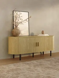 ONBRILL 55"/63" Fluted TV Stand with Power Outlet for TVs up to 70 Inch, Entertainment Center with Storage and Adjustable Shelves, Modern Media Console with Sliding Doors for Living Room