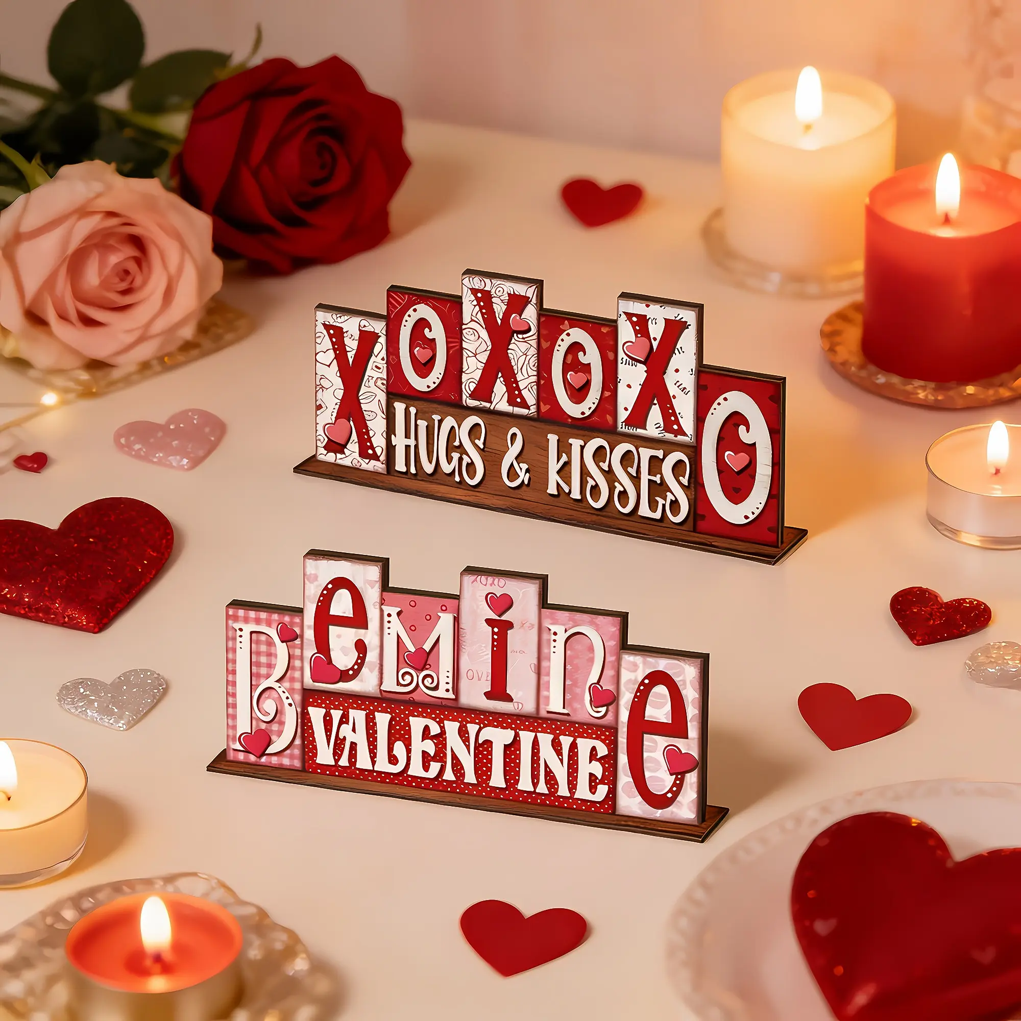 Valentine's Day Wooden Double-Sided Party Table Centerpiece, Xoxo Hugs & Kisses Be Mine Slogan, Romantic Heart Decorations