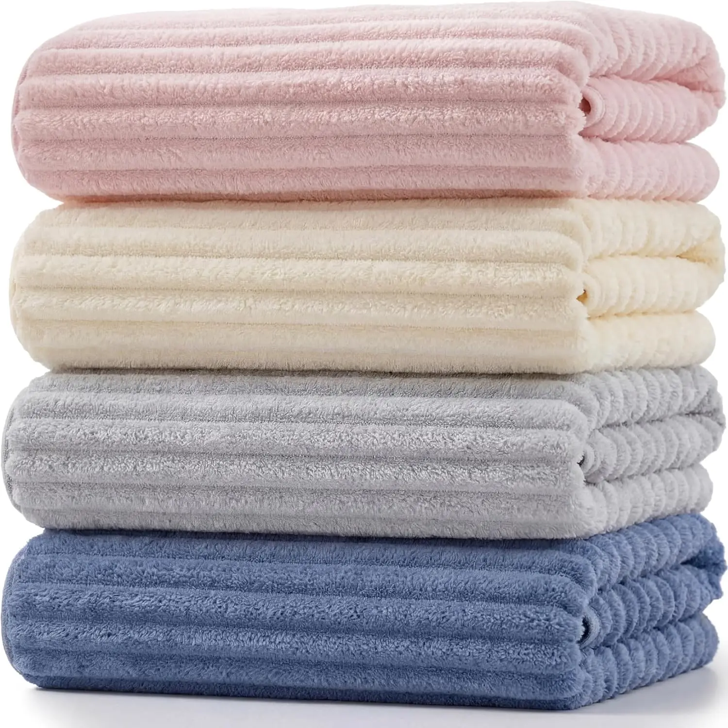 AMA SNOW 4-Pack Adult Bath Towels - 27.6" x 55.1" Extra Large Coral Fleece, Anti-Shrink, Anti-Static Soft, Quick-Dry, Striped, Breathable Luxury Plush, Unisex, Cold Wash Safe for Bathroom, Personal Care