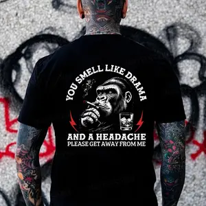 You Smell Like Drama And A Headache Please Get Away From Me Monkey T-shirt Fitted Short Sleeve Crew Neck Casual Rock Style Summer Medium Length 100% Cotton Made In USA