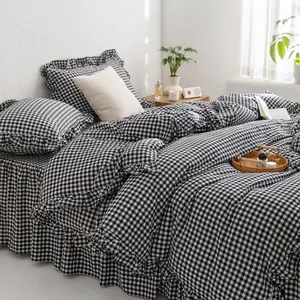 MKXI Black and White Gingham Duvet Cover Full, 3-Piece Ruffled Bedding Set - 100% Washed Cotton, Lightweight & Breathable - Graphic Bold Comforter Cover for Farmhouse