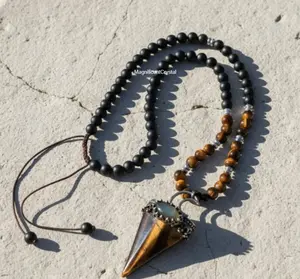 Tiger's Eye Obsidian Amulet Men Necklace Arrowhead Mala Beads Healing Pendant