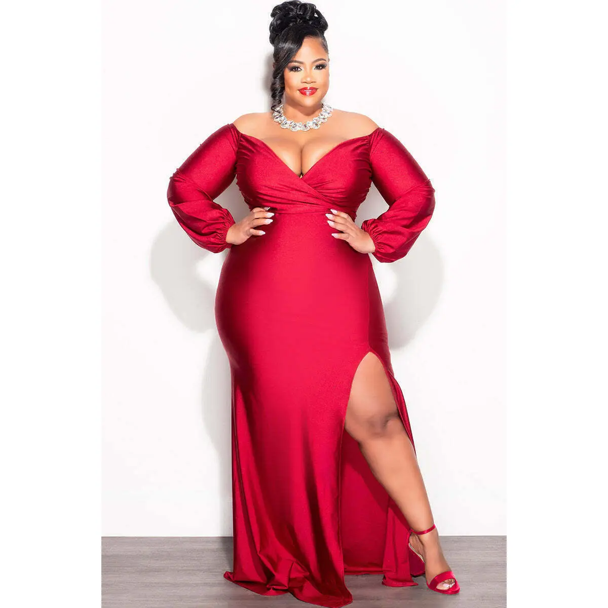Final Sale Plus Size Shiny Faux Wrap Gown with Slit in Burgundy