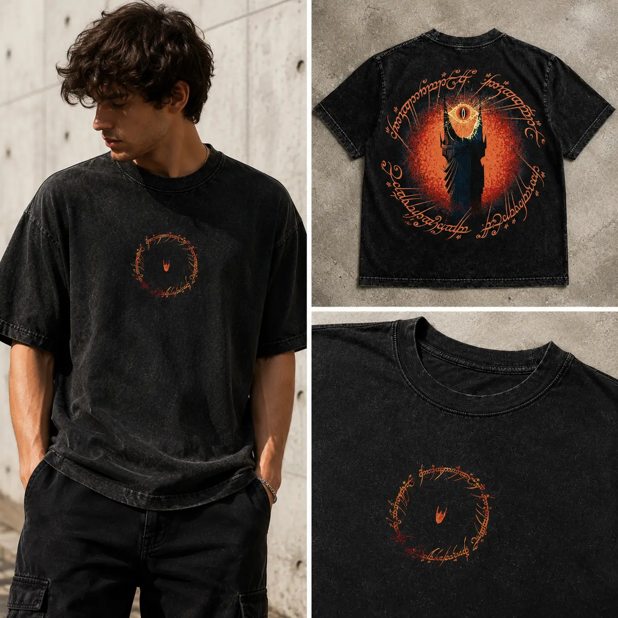 Men's Lord of the Rings Sauron Eye Graphic Cotton T-Shirt - Aesthetic Breathable Short-Sleeve Relaxed-Fit Black Fantasy Streetwear Garment for Casual Wear, Fan Events