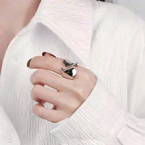 Minimalist Wide Band Ring for Women – Silver Tone Statement Ring, Simple Adjustable Open Band Jewelry