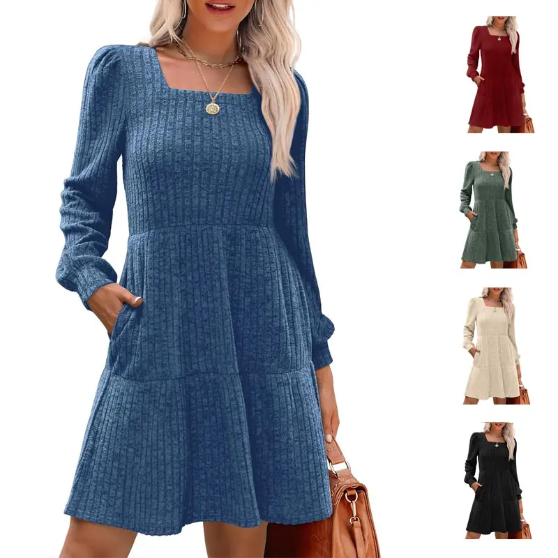 Women's Square Neck Lantern Sleeve Rayon Casual Babydoll Sweater Dress - Apricot, Basic Minimalist, Stretchy Spandex-Polyester, Lightweight Flowy Breathable, Half-Length, for Cozy Daily & Day Elegance, Rayon Casual Dresses, Half-Length Casual Dresses