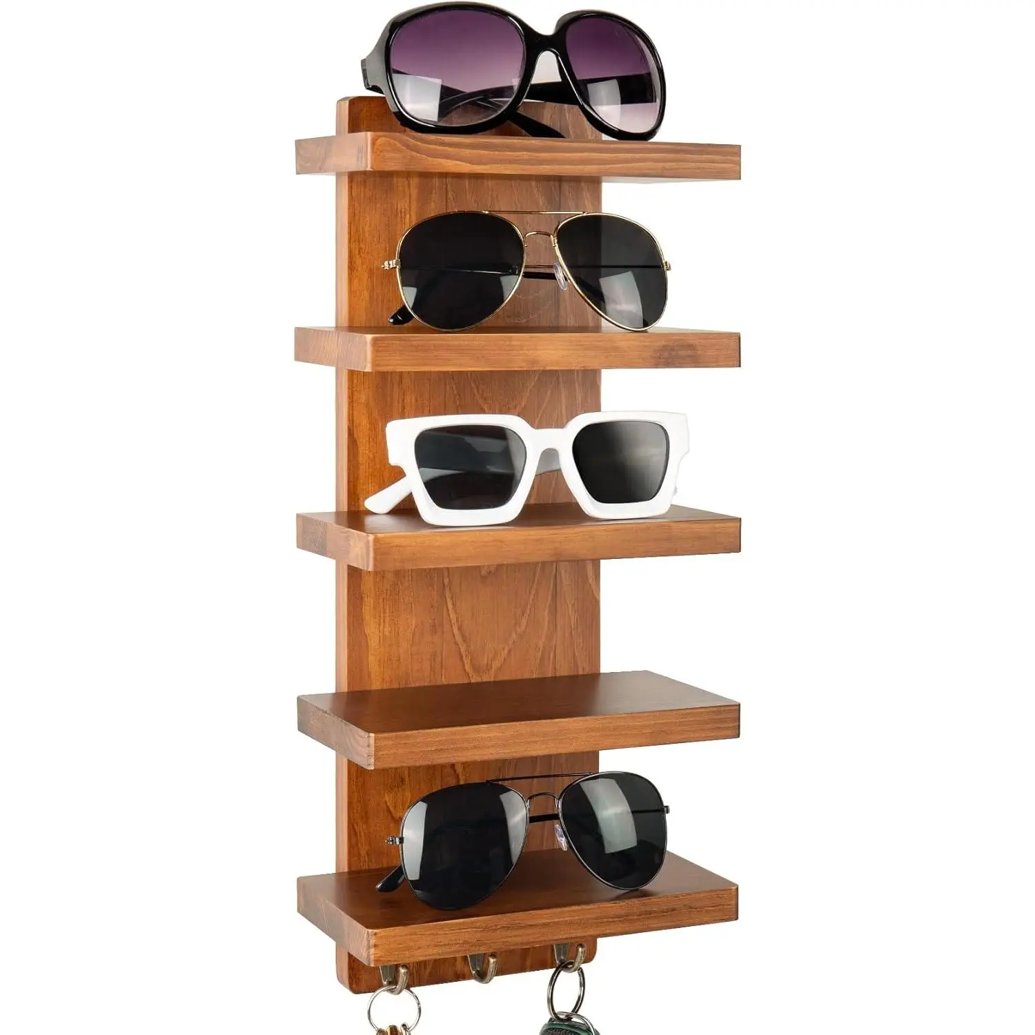 Sunglasses Organizer, Wall Mounted 5-Tier  Eyeglasses and Sunglass Holder Rack, Eyewear Storage Display Shelf with Key Hooks for Entryway, Living Room, or Retail