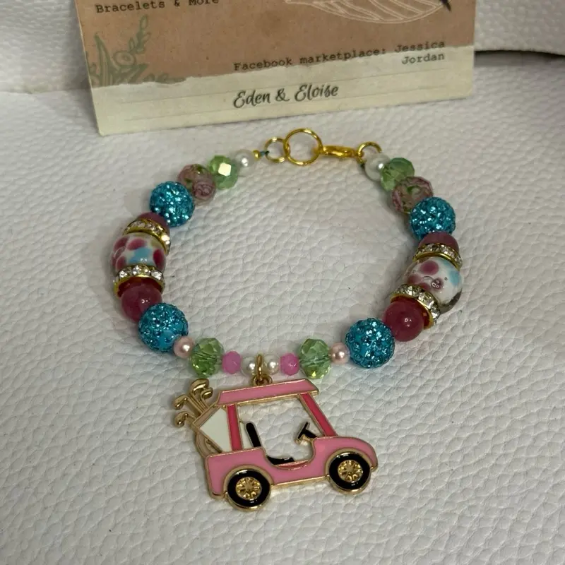 Eden & Eloise Pink Golf Cart Charm Bracelet with Colorful Beads and Gold Clasp for Women