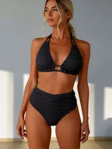 Polyester Black Crinkle Texture 2-Piece Bikini Bathing Suits Set - Halter Deep V Top with Adjustable Tie, High Waisted Ruched Bottom, True to Size,summervibes