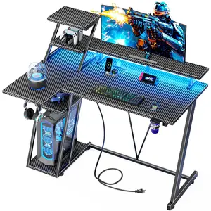 39 Inch Gaming Desk with LED Lights & Power Outlet, Small Gaming Computer Desk with Storage Shelves, L Shaped Gamer, Customized