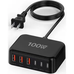 USB C  Charger Block, 100W GaN 6 Port PD USB C QC USB A Wall Charger Adapter Plug Cube, Type C  Station Hub for  17 16 15 14 13 Pro Max iPad  Pixel 5ft Extension Cord