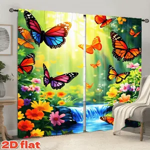 2D Flat 2Pcs Beautiful Butterfly Waterfall Scenery Curtains, Home Textile, Vibrant Floral Design, Rod Pocket Style, Semi Sunshade, Perfect for Home Living Room, Bedroom, Balcony, Kitchen, Study Window Decoration, Unique Holiday Gift, Anti-privac