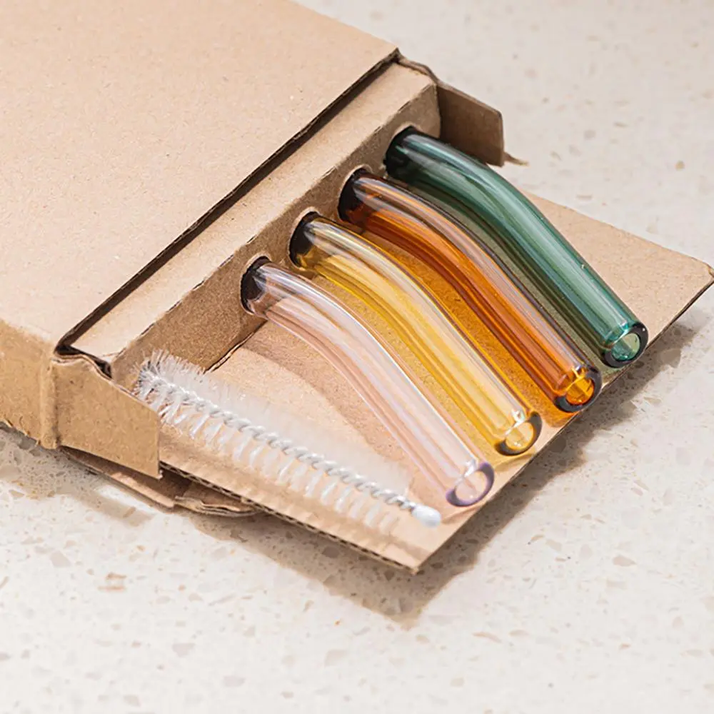 Colorful Glass Straw & Brush Set, 4pcs Reusable Heat Resistant Glass Straw with 1 Count Brush, Drinkware Accessories for Outdoor, Restaurant, Picnic Drinking Straw, Tumbler Straws